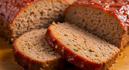 Classic Homemade Meatloaf With Tomato Glaze On Wooden Cutting Board