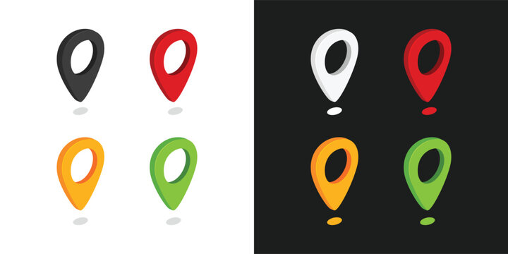 Map pointer isometric pin. Colourfull Vector set of location symbols. Isometric black, green, yellow, and red pin for map isometric isolated on black and white background.