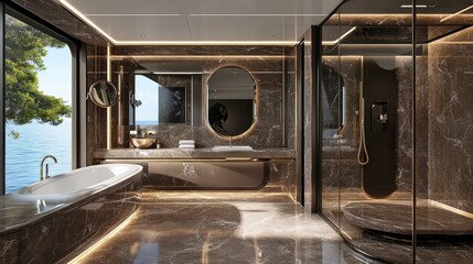 Luxurious yacht bathroom with ocean view.