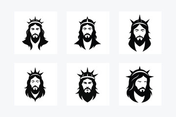 Set of Jesus Head with Crown, Silhouette Vector Illustration.