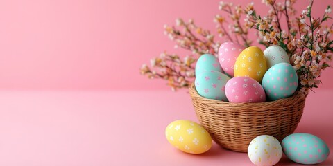 Easter Eggs in a Basket on a Soft Pink Background with a Playful Twist