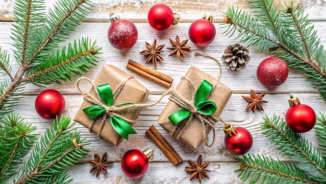 Festive Christmas Composition: Christmas presents wrapped in brown paper and tied with green ribbon, surrounded by red ornaments, pine needles, cinnamon sticks.