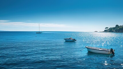 Naklejka premium Azure Water and Beach Boats Resting on the Shore, Sunny Coastal Scene Full of Tropical Charm and Seaside Serenity
