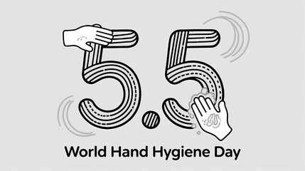 The black and white line number "55" and hand washing pattern represent the world's hand hygiene birthday, cleaning and protection, and health awareness concepts, used for popularizing hygiene knowled