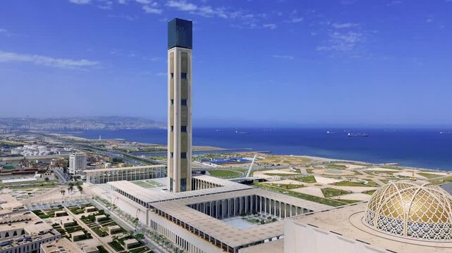 drone shot of the great mosque of algiers with the sea view in the background on a sunny day - Algeria