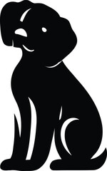Silhouette of a pug dog, black and white graphic, simplified geometric shapes, bold outlines, minimalist design, vector art style, sleek contours, stylized canine form, high contrast illustration, ico