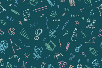 Seamless pattern of school stationery items in doodle style. Suitable for textile fabric design, wrapping paper and website wallpaper. Vector