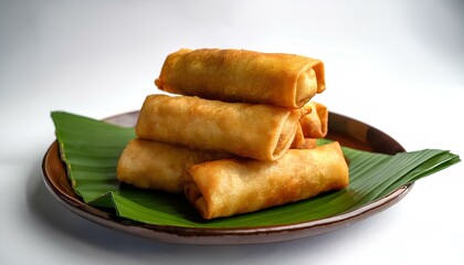 lumpia snack or fried spring rolls on a banana leaf plate