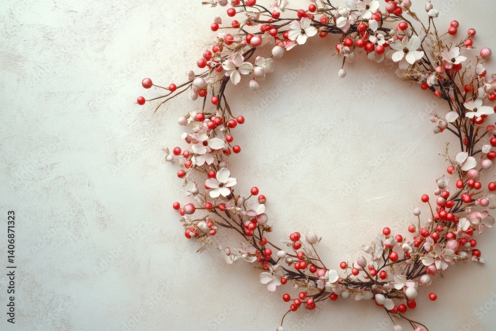 Aufkleber wreath of tiny flowers and berries on soft textured background showcasing lapki illustration style f