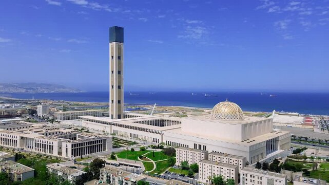 drone shot of the great mosque of algiers with the sea view in the background on a sunny day - Capital of algeria