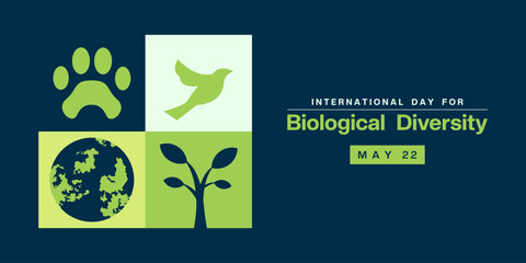 May 22th is International Day For Biological Diversity. Great for posters, banners, social media and more. Dark blue background.