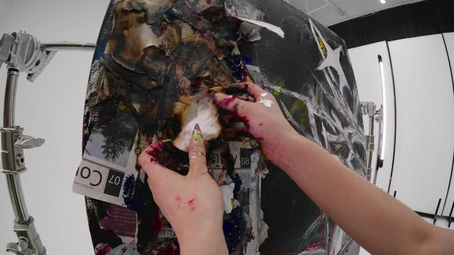 Artist creating giant abstract painting in studio. Hands covered in paint. Mixed media techniques. Slow motion, fisheye clip. Creative process, dynamic strokes, modern art, contemporary painting