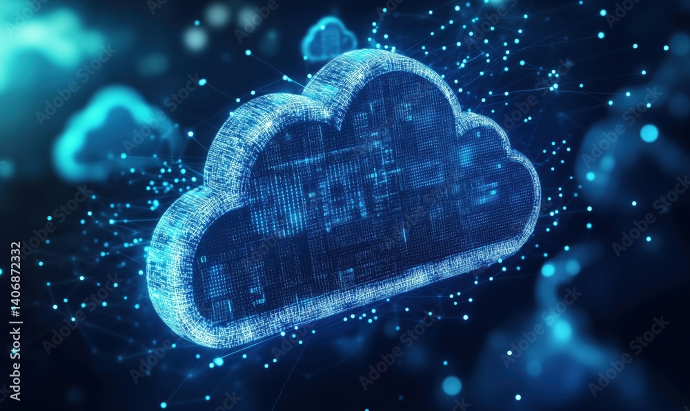 Poster Digital cloud computing concept with glowing data connections and binary code