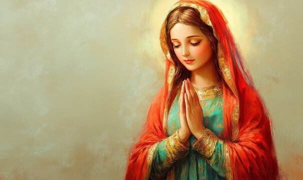 Virgin Mary, religious painting illustration. The image of the Blessed Virgin Mary. The image of the Blessed Virgin Mary with her hands folded in