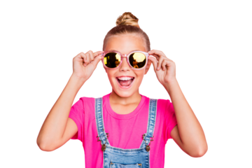 Close up photo of cheerful excited ecstatic overjoyed schoolgirl having her summer holiday abroad smiling toothily isolated over pastel color background