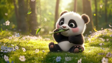 Fototapeta premium A chubby baby panda sitting in a field of wildflowers, chewing on bamboo and looking curious