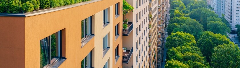 Eco-Friendly Travel for a Sustainable and Responsible Journey, Modern buildings with green terraces overlooking lush trees in an urban setting.
