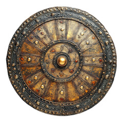 Naklejka premium Ancient round warrior shield with cracked golden mosaic and intricate carvings, historic battle armor with detailed craftsmanship.