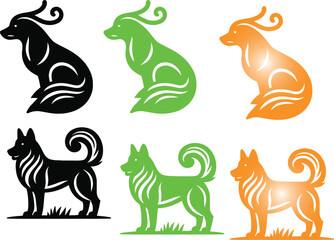 Minimalist dog silhouettes, stylized canine icons, red green and black color scheme, simple geometric shapes, clean lines, vector graphics style, logo design inspiration, modern pet illustrations, con
