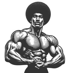 Obraz premium highly muscular man with an afro hairstyle flexing his bicep, symbolizing strength, fitness, and bodybuilding sketch engraving generative ai raster illustration. Scratch board. Black and white image.