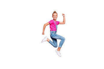 Full length body size side profile photo hurrying quickly running schoolgirl wearing jeans denim...
