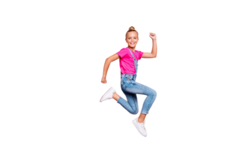 Full length body size side profile photo hurrying quickly running schoolgirl wearing jeans denim fuchsia t-shirt running forward her dream isolated over pastel color background