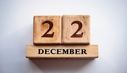 Minimalist photo of wooden blocks with date 22 December. Day and month, calendar on white background