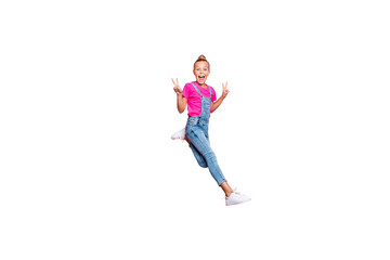 Full length body size photo of girl running fast jumping showing you double v-sign screaming with emotional facial expression wearing jeans denim t-shirt footwear isolated pastel pink color background
