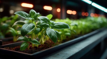 Vibrant fresh basil seedlings growing in indoor garden