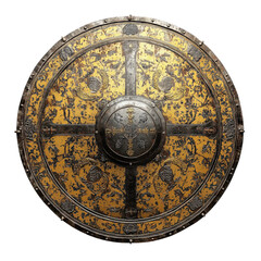 Naklejka premium Ancient round warrior shield with cracked golden mosaic and intricate carvings, historic battle armor with detailed craftsmanship.