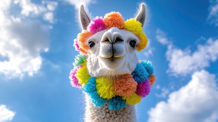 A llama with colorful pompoms around its neck looking at the camera playfully