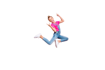 Full length body size photo stylish trendy cute cheerful rejoicing girl wearing jeans denim overall t-shirt fuchsia jumping showing rock sign isolated over pink pastel color background