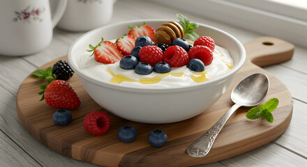 Refreshing Yogurt Bowl Topped With Assorted Fresh Berries And Drizzled Honey