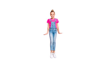 Full length body size photo of excited cheerful nice girl flying jumping up isolated smiling toothily isolated over pink pastel color background