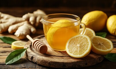 Ginger tea with lemon and honey on a wooden table