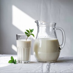 A minimalistic composition features a clear glass pitcher and tall glass filled with fresh white milk, showcasing the creamy texture of the milk.