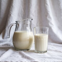 A minimalistic composition features a clear glass pitcher and tall glass filled with fresh white milk, showcasing the creamy texture of the milk.