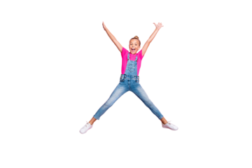 Full length body size photo of cheerful cute stylish trendy top-knot nice shouting girl shaping star with her body wearing jeans t-shirt rejoicing overjoyed isolated over pink pastel color background