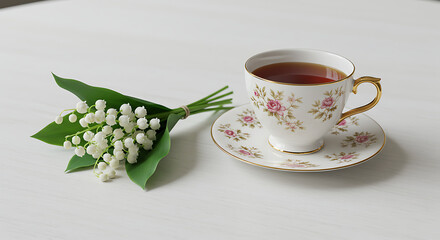 Elegant tea cup with flowers on a white background  