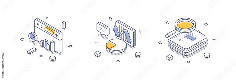 Wall mural three detailed isometric line icons illustrate various data analysis concepts, including graphs, cha