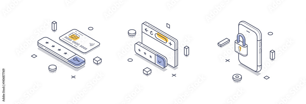 Poster collection features isometric line icons illustrating various aspects of data protection, including 