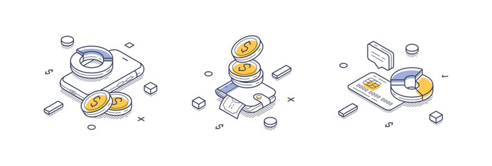 Isometric line icons showcase various finance and banking themes, including digital transactions, currency stacks, and analytical charts. Vector illustrations use clean outlines for clarity