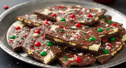 Festive Chocolate Bark Featuring Sprinkles and Candy Decorations For Holiday Treat