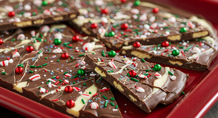 Holiday Chocolate Bark With Festive Sprinkles And Candy Pieces On A Red Plate