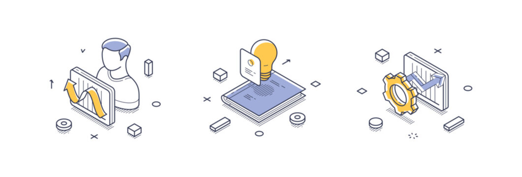 Three isometric line icons represent essential business solutions. Data analysis, innovative ideas, process improvement. Vector illustration