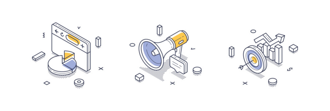 Collection showcases stylish isometric line icons designed for online marketing purposes. Modern illustrations highlight key elements relevant to digital promotion and user engagement