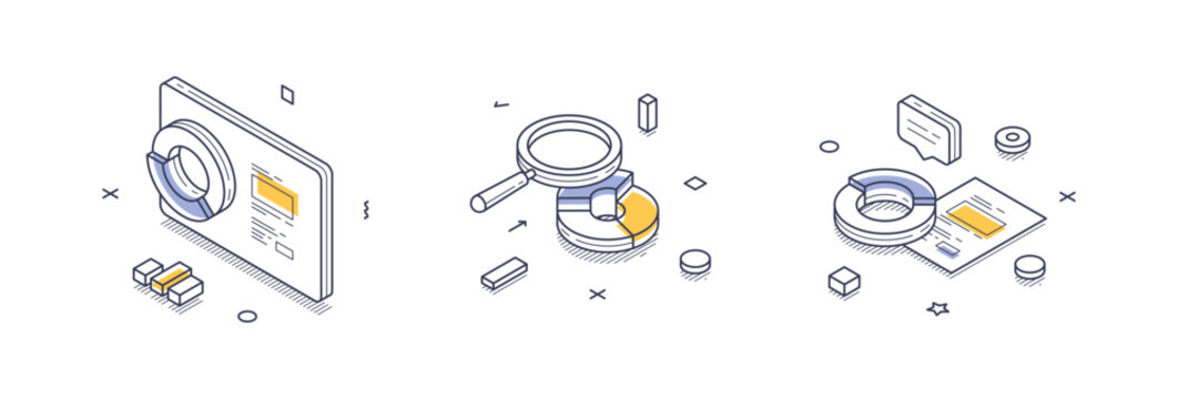 Complex isometric line icons represent various aspects of data analysis. Vector illustrations showcase elements such as charts, magnifying glasses, and documents, all designed for infographics