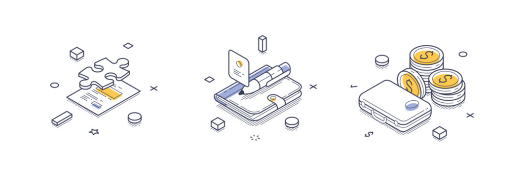 Collection features isometric line icons showcasing essential business solutions. Included are symbols for financial management, document handling, and problem-solving strategies