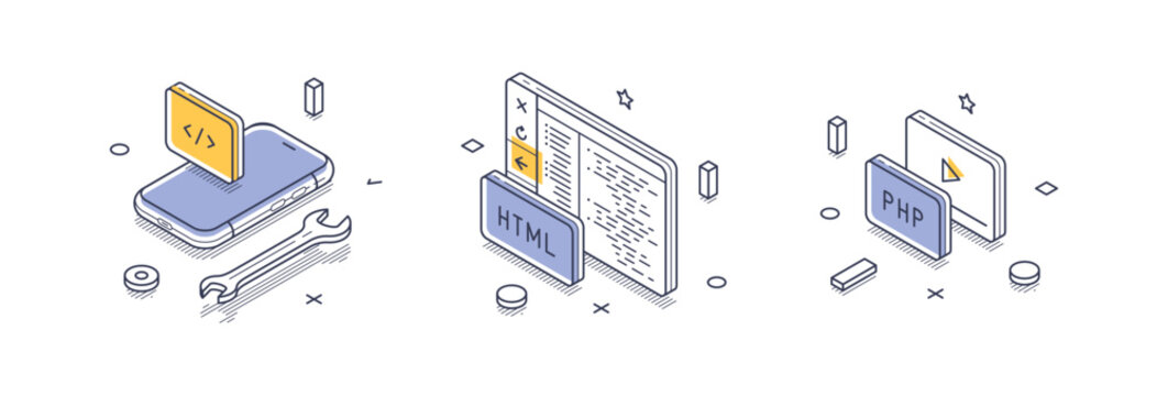 Isometric line icons represent essential tools in web development, featuring coding on a mobile device, an HTML document, and a PHP script, each illustrated distinctly.