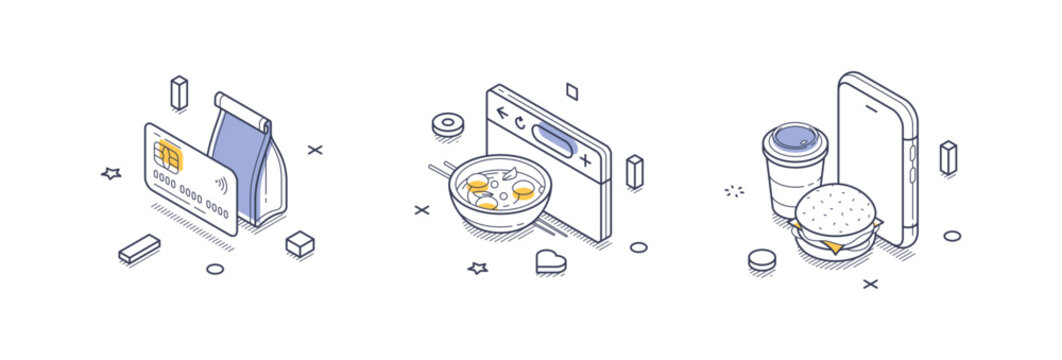 Isometric line icons illustrating essential components of food delivery, including a payment card, a bowl of food, and a smartphone with a beverage and burger